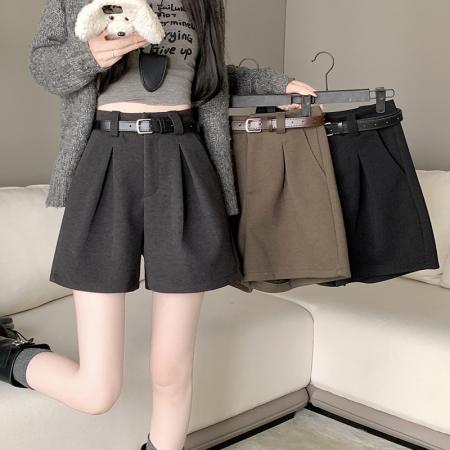 FA44606# 毛呢短裤女秋冬新款高腰阔腿裤纯色靴裤简约休闲裤子 服裝批發女裝批發服飾貨源