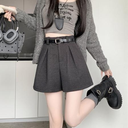 FA44606# 毛呢短裤女秋冬新款高腰阔腿裤纯色靴裤简约休闲裤子 服裝批發女裝批發服飾貨源