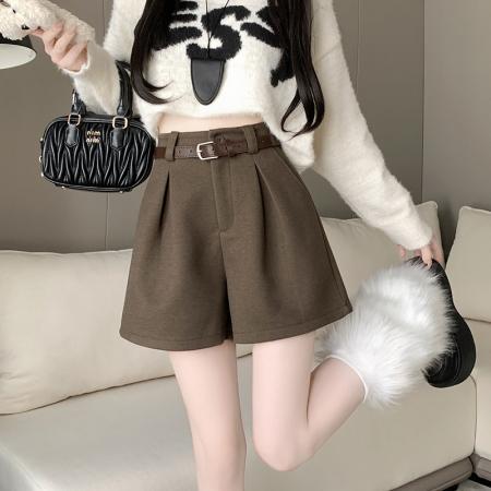 FA44606# 毛呢短裤女秋冬新款高腰阔腿裤纯色靴裤简约休闲裤子 服裝批發女裝批發服飾貨源