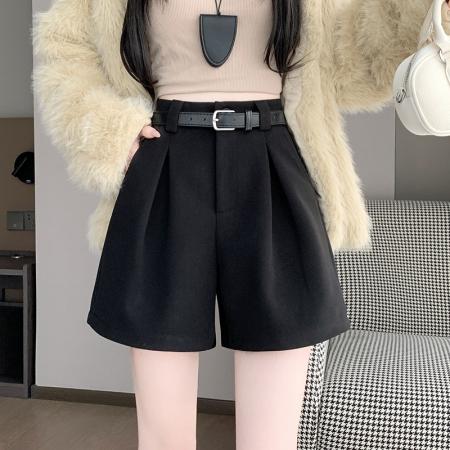 FA44606# 毛呢短裤女秋冬新款高腰阔腿裤纯色靴裤简约休闲裤子 服裝批發女裝批發服飾貨源