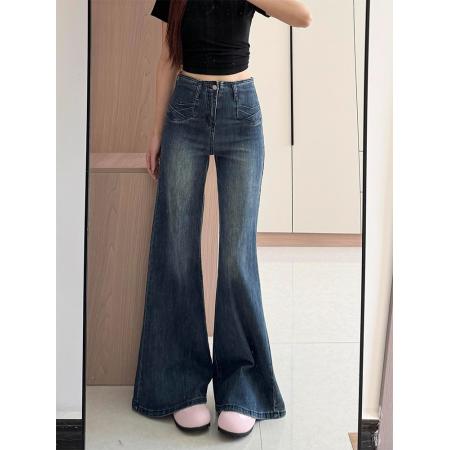 FA44607# 深色高腰不贴腿喇叭牛仔裤女秋季新款遮肉显瘦百搭裤 服裝批發女裝批發服飾貨源