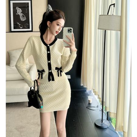 FA44647# 她很漂亮～经典黑白针织套装裙小香风时尚千金菱格蝴蝶结两件套女 服裝批發女裝批發服飾貨源