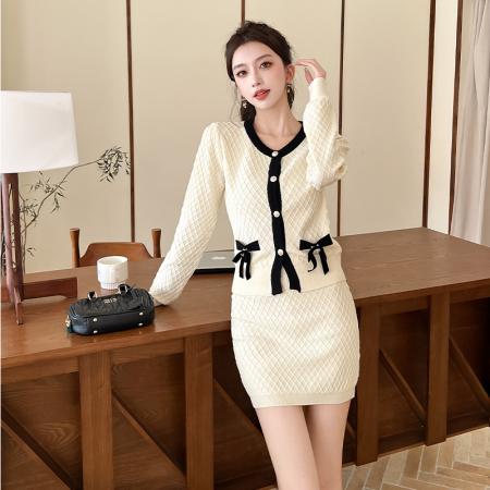 FA44647# 她很漂亮～经典黑白针织套装裙小香风时尚千金菱格蝴蝶结两件套女 服裝批發女裝批發服飾貨源