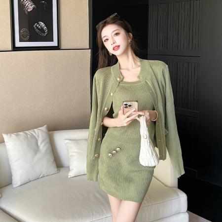 FA44648# 贵气姐系look金扣针织开衫外套+背心+包臀半身裙女时尚气质三件套 服裝批發女裝批發服飾貨源