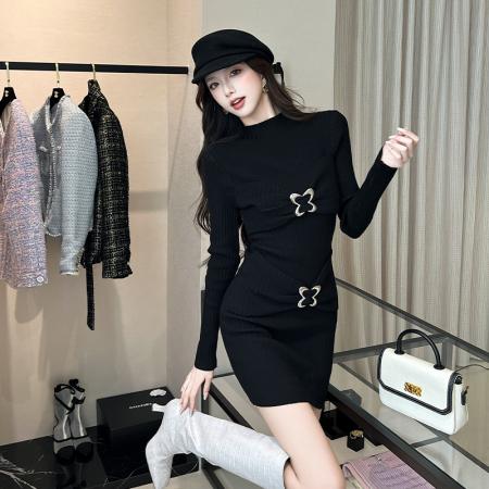 FA44650# 秋冬新款黑色长袖针织连衣裙女辣妹修身显瘦半高领包臀短裙 服裝批發女裝批發服飾貨源