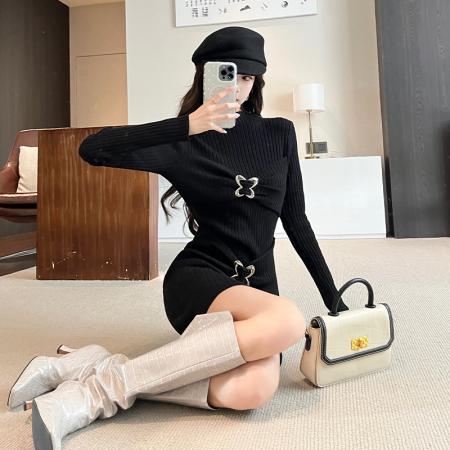FA44650# 秋冬新款黑色长袖针织连衣裙女辣妹修身显瘦半高领包臀短裙 服裝批發女裝批發服飾貨源