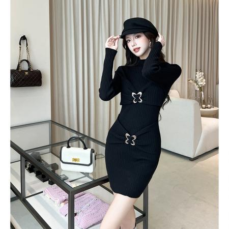 FA44650# 秋冬新款黑色长袖针织连衣裙女辣妹修身显瘦半高领包臀短裙 服裝批發女裝批發服飾貨源