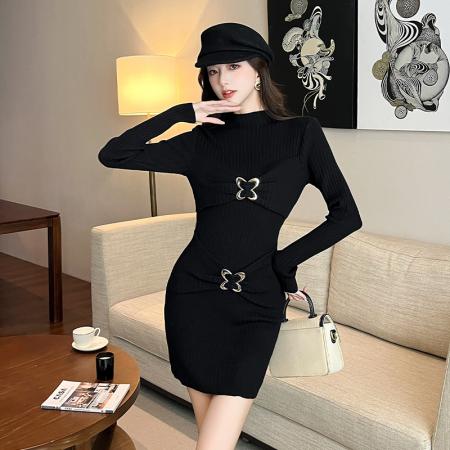 FA44650# 秋冬新款黑色长袖针织连衣裙女辣妹修身显瘦半高领包臀短裙 服裝批發女裝批發服飾貨源
