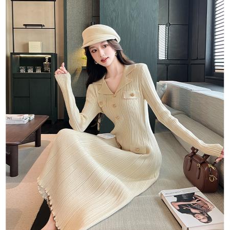 FA44652# 秋冬新款法式温柔风优雅气质修身显瘦长袖针织连衣裙过膝长裙 服裝批發女裝批發服飾貨源