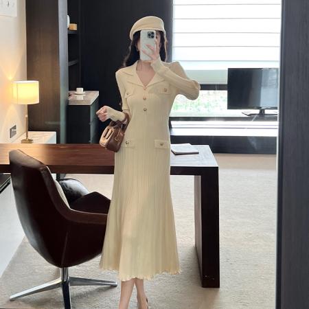 FA44652# 秋冬新款法式温柔风优雅气质修身显瘦长袖针织连衣裙过膝长裙 服裝批發女裝批發服飾貨源