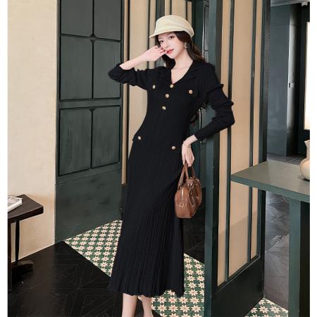 FA44652# 秋冬新款法式温柔风优雅气质修身显瘦长袖针织连衣裙过膝长裙 服裝批發女裝批發服飾貨源