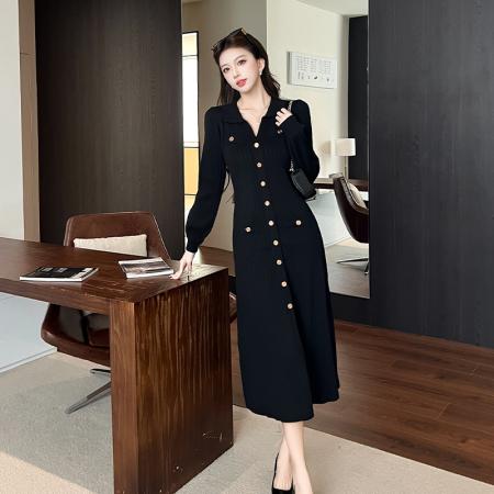 FA44655# 秋冬新款复古v领黑色针织连衣裙法式赫本风收腰修身中长裙女 服裝批發女裝批發服飾貨源