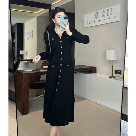 FA44655# 秋冬新款复古v领黑色针织连衣裙法式赫本风收腰修身中长裙女 服裝批發女裝批發服飾貨源