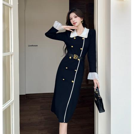 FA44658# 秋冬新款法式复古赫本小香风黑色针织连衣裙女减龄时尚高级感 服裝批發女裝批發服飾貨源