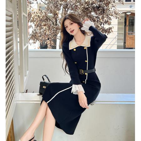 FA44658# 秋冬新款法式复古赫本小香风黑色针织连衣裙女减龄时尚高级感 服裝批發女裝批發服飾貨源