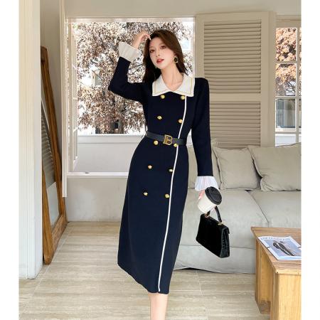 FA44658# 秋冬新款法式复古赫本小香风黑色针织连衣裙女减龄时尚高级感 服裝批發女裝批發服飾貨源