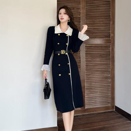 FA44658# 秋冬新款法式复古赫本小香风黑色针织连衣裙女减龄时尚高级感 服裝批發女裝批發服飾貨源