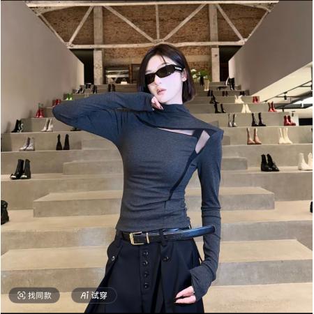 FA44661# 行走衣架子秋季新款小众网纱拼接设计感修身洋气百搭上衣 服裝批發女裝批發服飾貨源