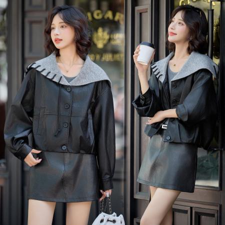 FA44666# 秋季女装新款时尚韩版毛线领短款皮衣外套 服裝批發女裝批發服飾貨源