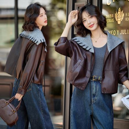 FA44666# 秋季女装新款时尚韩版毛线领短款皮衣外套 服裝批發女裝批發服飾貨源