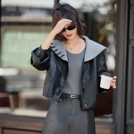 FA44666# 秋季女装新款时尚韩版毛线领短款皮衣外套 服裝批發女裝批發服飾貨源
