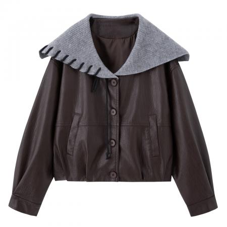 FA44666# 秋季女装新款时尚韩版毛线领短款皮衣外套 服裝批發女裝批發服飾貨源