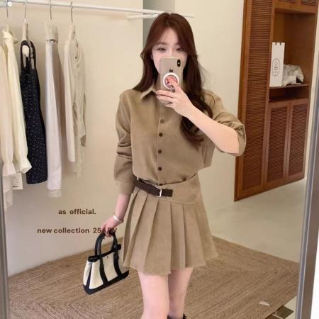 FA44673# 秋冬新款气质名媛翻领衬衫百褶裙两件套套装 服裝批發女裝批發服飾貨源