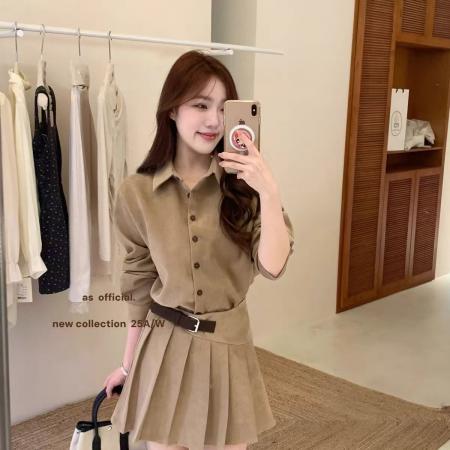 FA44673# 秋冬新款气质名媛翻领衬衫百褶裙两件套套装 服裝批發女裝批發服飾貨源