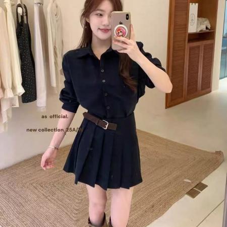 FA44673# 秋冬新款气质名媛翻领衬衫百褶裙两件套套装 服裝批發女裝批發服飾貨源