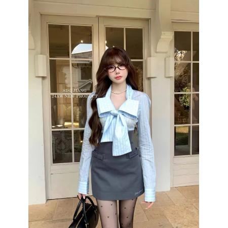 FA44674# 早秋甜御蝴蝶结闪钻设计甜美长袖衬衫两件套 服裝批發女裝批發服飾貨源