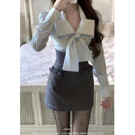 FA44674# 早秋甜御蝴蝶结闪钻设计甜美长袖衬衫两件套 服裝批發女裝批發服飾貨源