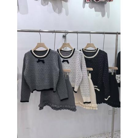 FA44676# 女秋季新款法式小香风波点针织毛衣+高腰半身短裙两件套装 服裝批發女裝批發服飾貨源