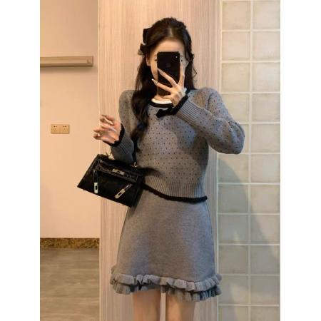 FA44676# 女秋季新款法式小香风波点针织毛衣+高腰半身短裙两件套装 服裝批發女裝批發服飾貨源