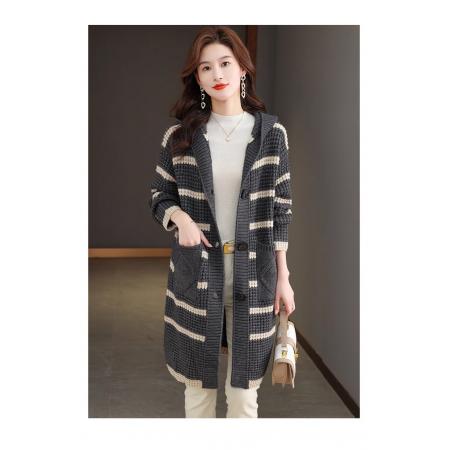 FA44677# 条纹针织开衫女外套中长款春秋冬新款连帽毛衣外搭洋气大衣 服裝批發女裝批發服飾貨源
