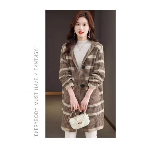 FA44677# 条纹针织开衫女外套中长款春秋冬新款连帽毛衣外搭洋气大衣 服裝批發女裝批發服飾貨源