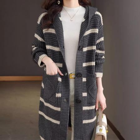 FA44677# 条纹针织开衫女外套中长款春秋冬新款连帽毛衣外搭洋气大衣 服裝批發女裝批發服飾貨源