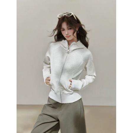 FA44680# 美式白灰色连帽卫衣女秋季拉链开衫外套上衣女 服裝批發女裝批發服飾貨源