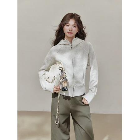 FA44680# 美式白灰色连帽卫衣女秋季拉链开衫外套上衣女 服裝批發女裝批發服飾貨源