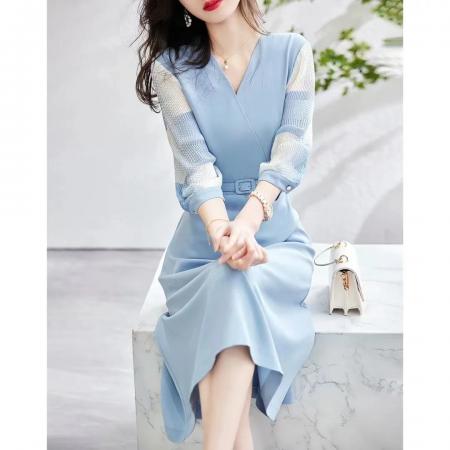 FA44687# 印花压皱雪纺拼接秋新V领收腰七分袖连衣裙女长款 服裝批發女裝批發服飾貨源