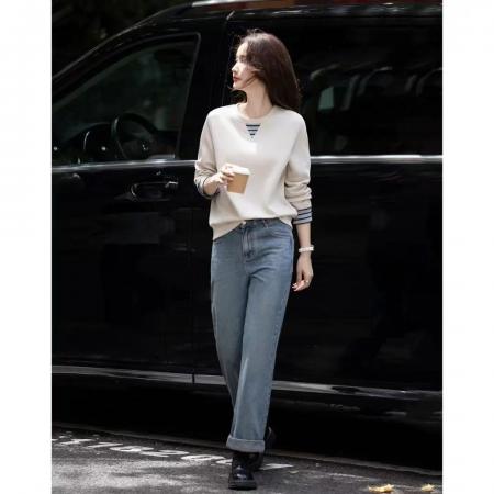 FA44690# 秋季慵懒宽松藏肉时髦罗纹撞色袖口卫衣 服裝批發女裝批發服飾貨源