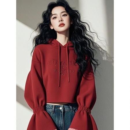FA44693# 秋季新款爆款时尚洋气小个子韩系慵懒风红色蕾丝拼接连帽卫衣 服裝批發女裝批發服飾貨源