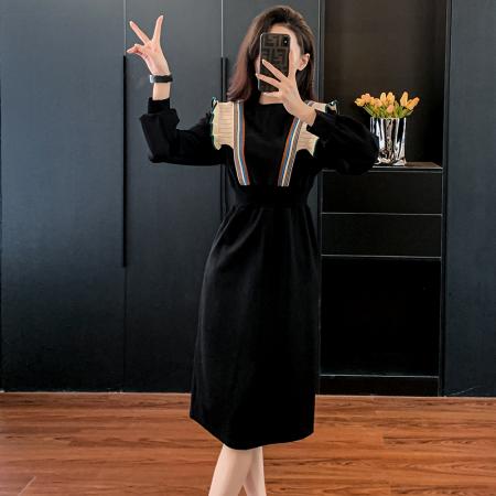 FA44700# 小众设计感气质优雅高级感卫衣裙圆领收腰撞色荷叶边连衣裙女 服裝批發女裝批發服飾貨源
