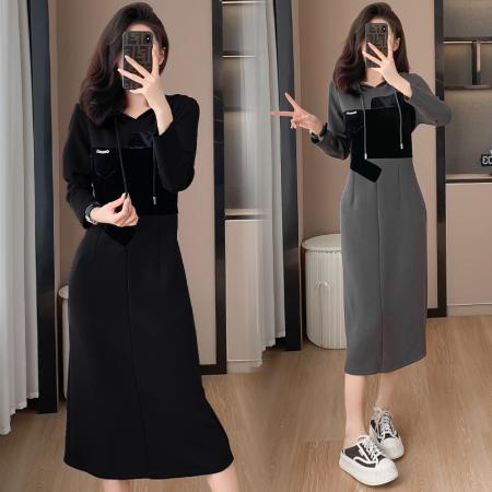 FA44702# 高级感小众连衣裙女秋冬欧货时尚百搭丝绒拼接显瘦连帽长款卫衣裙 服裝批發女裝批發服飾貨源