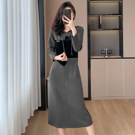 FA44702# 高级感小众连衣裙女秋冬欧货时尚百搭丝绒拼接显瘦连帽长款卫衣裙 服裝批發女裝批發服飾貨源