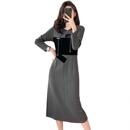FA44702# 高级感小众连衣裙女秋冬欧货时尚百搭丝绒拼接显瘦连帽长款卫衣裙 服裝批發女裝批發服飾貨源