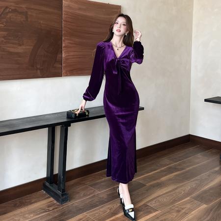 FA44703# 视频网红秋季时尚气质长裙显瘦金丝绒连衣裙 服裝批發女裝批發服飾貨源