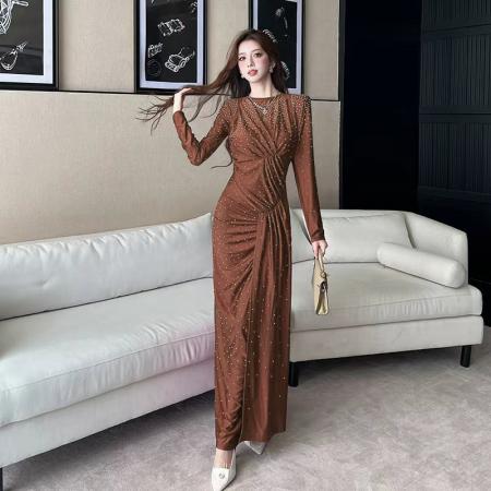 FA44706# 视频秋季时尚长袖修身长裙收腰包臀连衣裙 服裝批發女裝批發服飾貨源