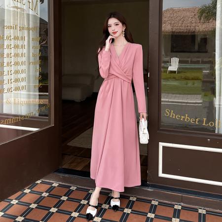 FA44710# 视频秋季新款时尚v领显瘦长裙收腰连衣裙 服裝批發女裝批發服飾貨源