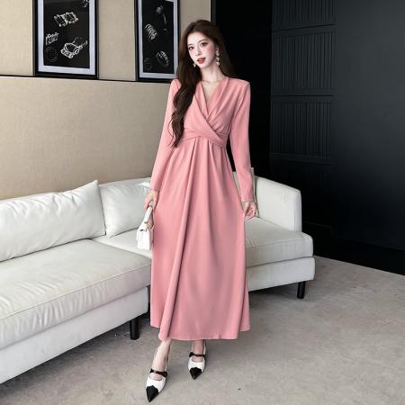 FA44710# 视频秋季新款时尚v领显瘦长裙收腰连衣裙 服裝批發女裝批發服飾貨源