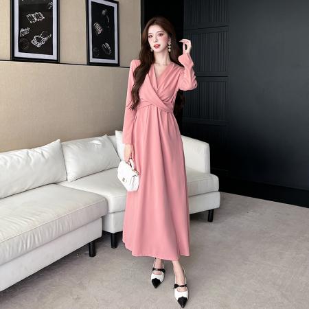 FA44710# 视频秋季新款时尚v领显瘦长裙收腰连衣裙 服裝批發女裝批發服飾貨源